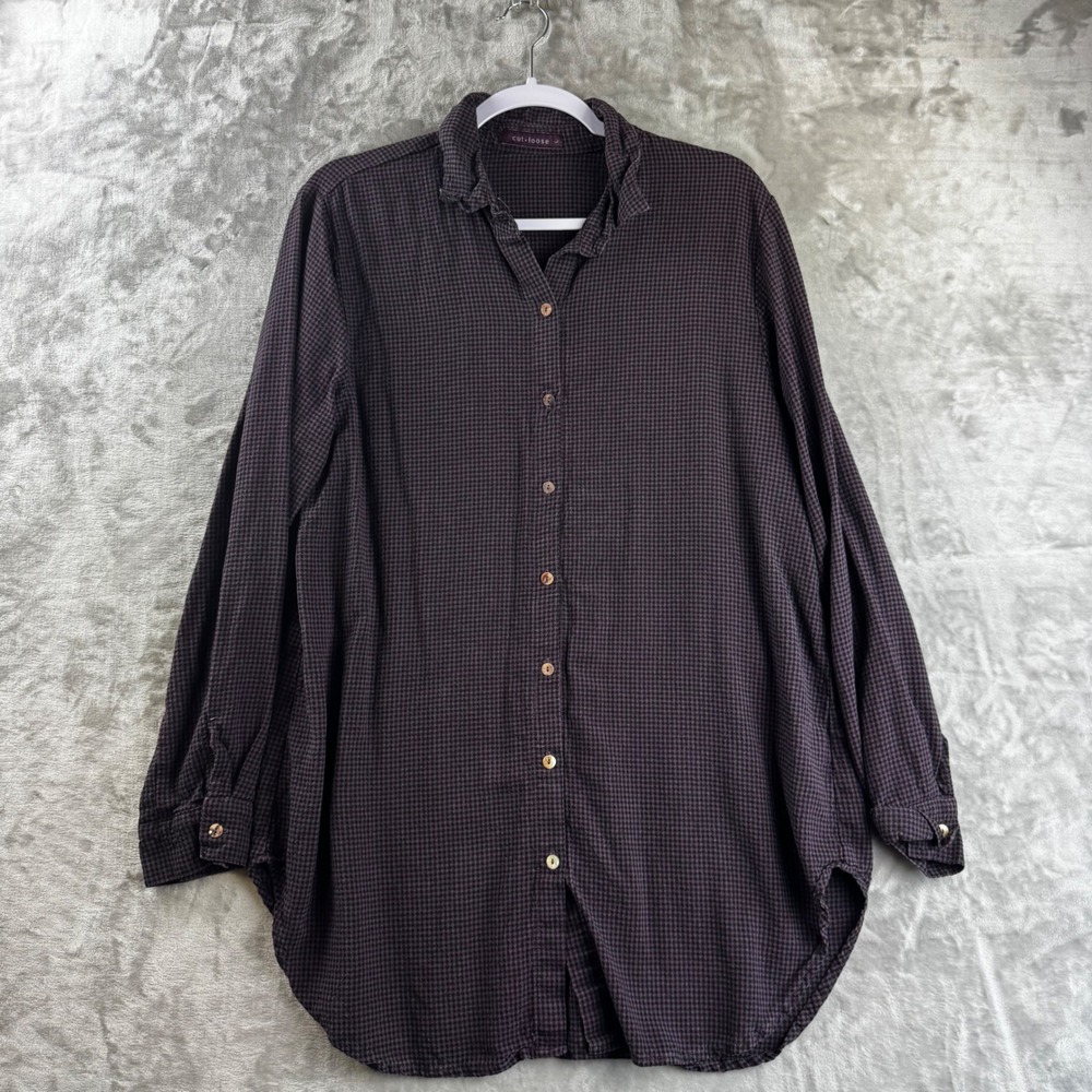 Cut Loose Button Down Women Large Purple Black Micro Check Tencel (1770)